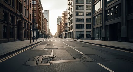 Fototapeta premium A long empty city street stretches forward between rows of brick and modern buildings under a bright hazy sun