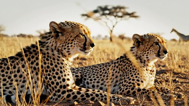 Two Cheetahs Resting in the Golden Light of the Savanna, Watching and Waiting for Their Next Meal