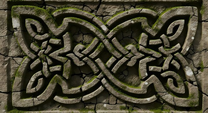 Ancient Weathered Celtic Stone Carving with Moss