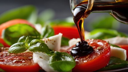 Drizzling balsamic vinegar over a delicious salad on a dark textured surface, close-up view