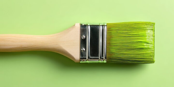 A green paintbrush with paint on a light green backdrop, featuring empty space on one side, designed for a web banner or header