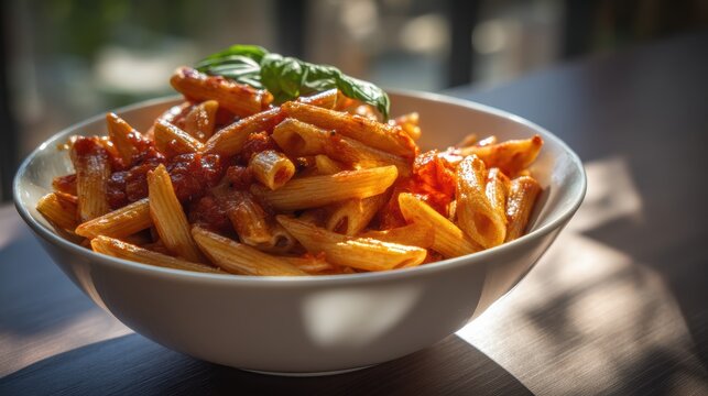 Dish of delicious penne pasta adorned with tomato sauce on a surface