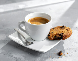 A Quiet Morning Ritual - Espresso and a Bitten Cookie in Striped Sunlight.