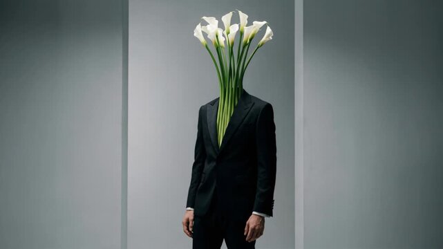 A person in a sharp black suit stands with a vibrant bouquet of white calla lilies replacing their head, symbolizing growth and transformation.