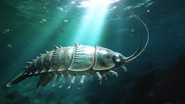 Prehistoric marine predator concept shows unusual armored animal cruising below surface, with reflective eye, jointed legs tucked under body, and long feelers sensing water column.