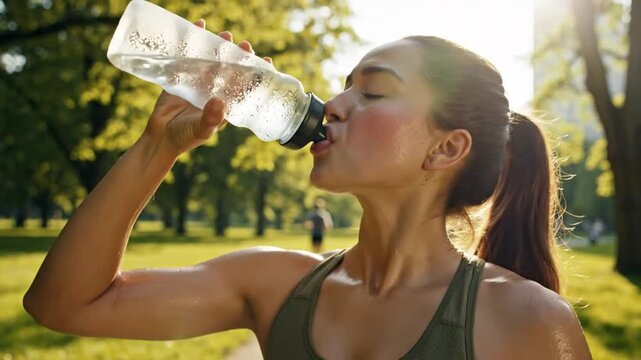 Fit woman in sportswear rehydrates with water after a workout in a sunny park with trees and other people