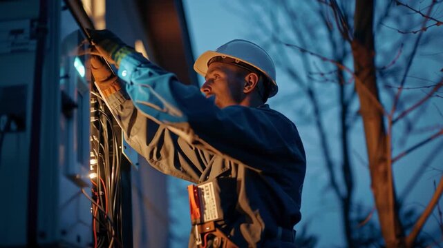 Electrician Working on Electrical Box at Evening