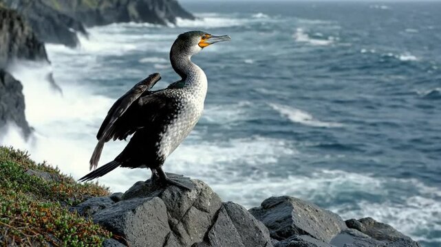 Coastal cormorant bird with iridescent feathers perches on a rocky cliff overlooking a wavy ocean