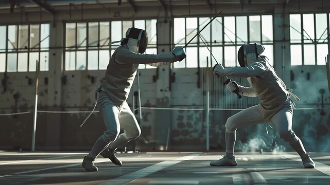 Two Fencers Practicing Together During Training Session