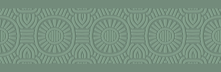 Banner, cover design, fresco. Geometric exotic pattern, embossing. Green background. Ornaments, arabesques, mandalas. Ethnic and folk traditions of the East, Asia, India, Mexico, the Aztecs, and Peru. ©  swetazwet
