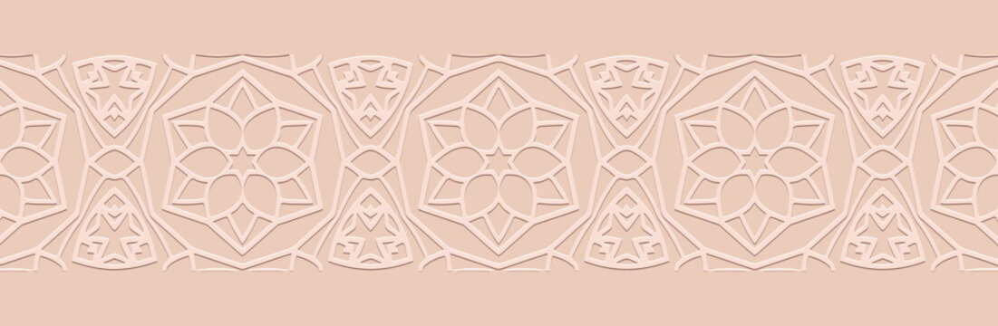 Banner, cover design, mural. Geometric floral pattern, embossing. Pink background. Ornaments, arabesques, mandalas. Ethnic and folk traditions of the East, Asia, India, Mexico, the Aztecs, Peru.