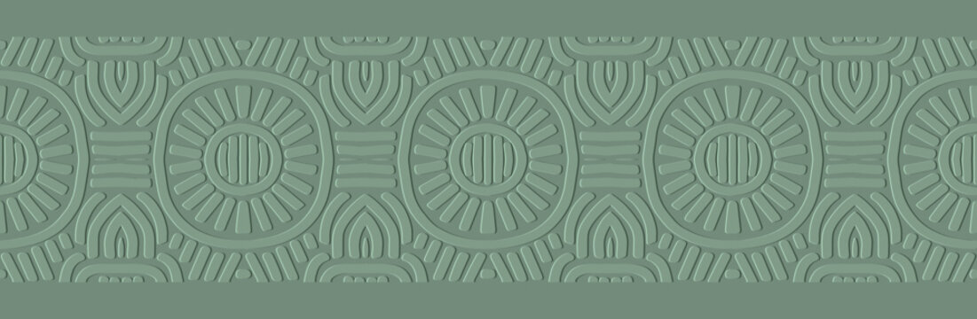 Banner, cover design, fresco. Geometric exotic pattern, embossing. Green background. Ornaments, arabesques, mandalas. Ethnic and folk traditions of the East, Asia, India, Mexico, the Aztecs, and Peru.