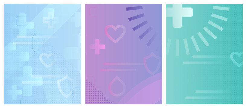 Set of 3 abstract medical science backgrounds in light blue, purple, teal gradients with subtle healthcare icons of crosses, hearts, shields. Modern design for medicine presentations, clinics banner