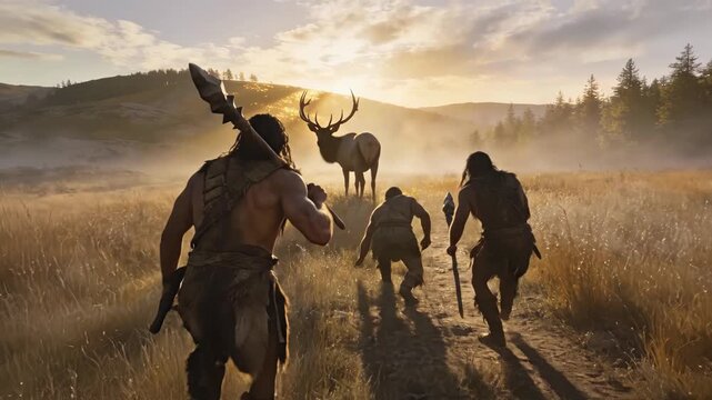 Wide cinematic back view shot shows three prehistoric hunters crouching in tall grass with spears ready while large moose stands ahead in dusty sunrise haze across open valley....
