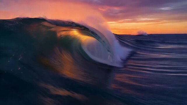 Ocean wave cresting at sunset with golden light and vibrant colors