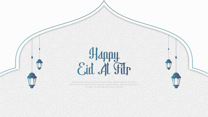 Happy Eid Al Fitr Islamic Greeting Design with Mosque Arch and Lanterns