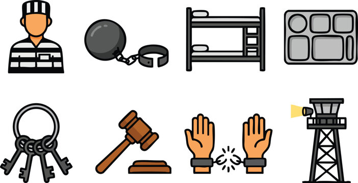 Prisoner Uniform Justice Icons Set Illustration.