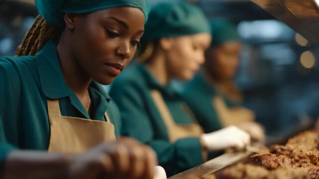 Supervisors oversee workflows and quality metrics at the food factory, ensuring productivity, traceability, and regulatory compliance. cinematic color correction, natural uneven lighting yet gentle