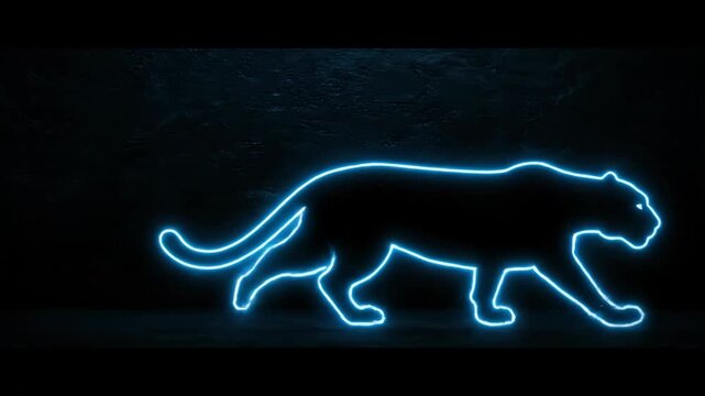 Neon blue glowing panther walking silhouette with dark textured background. Cyber, futuristic and powerful visual effect