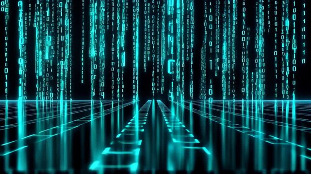 A background of moving binary code rain in neon cyan, reflecting off a dark polished surface, matrix-inspired high-tech aesthetic.