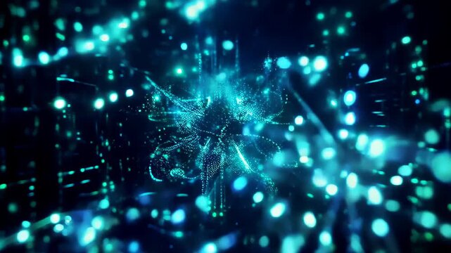 Abstract background of a quantum computer core, glowing light particles moving in non-linear patterns, ethereal and complex.