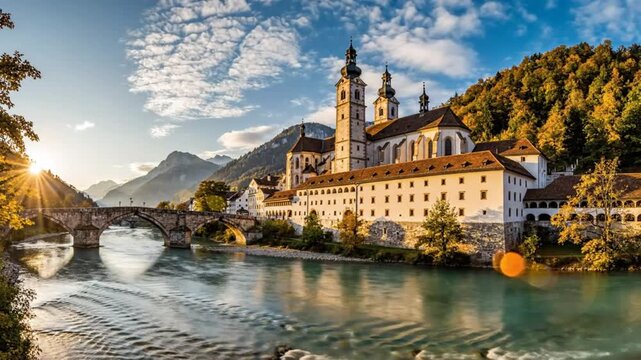 Scenic view of a monastery near a river and bridge at the base of the mountains during the daytime