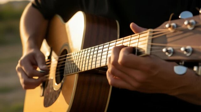 Warm light bathes a person playing an acoustic guitar, close-up of hands and instrument
