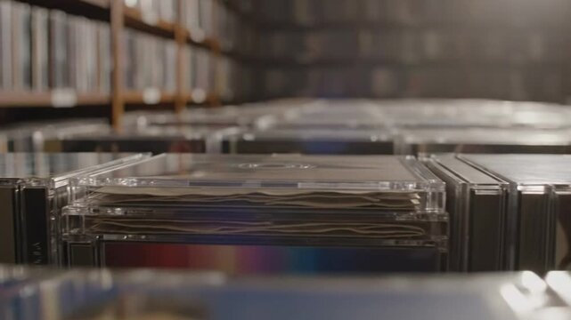 Low angle view of rows of cds in jewel cases within a library setting, emphasizing nostalgia and collecting