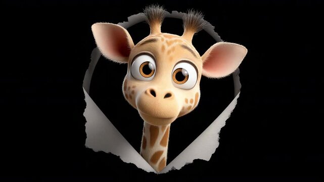 Baby Giraffe with Large Eyes Peeking Through a Torn Hole on Black Background