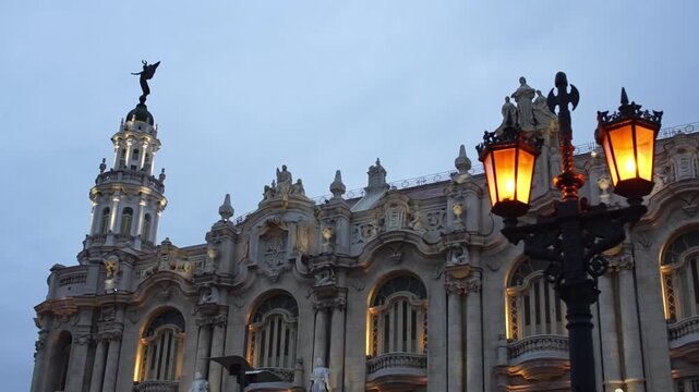 Historic architecture of the National Capitol Building and the Great Theater in the city of Havana Cuba