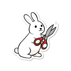 Obraz premium Cute white bunny rabbit sticker holding red scissors tool | Craft Bunny Illustration | Kawaii Rabbit Art | Funny Bunny Character 