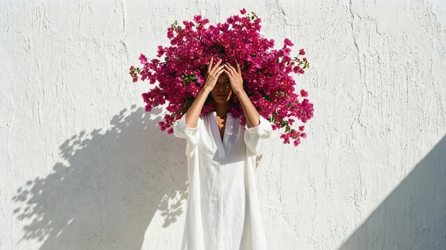 A beautiful woman in a white linen dress stands against a textured white wall with vibrant fuchsia bougainvillea flowers artfully arranged around her head, symbolizing natural beauty and connection.