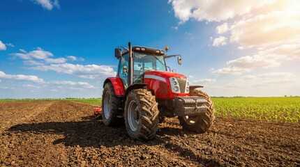 Obraz premium Red agricultural tractor working in a cultivated field