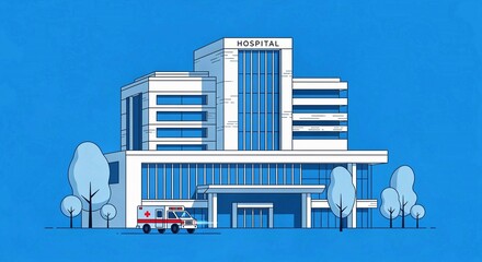 Naklejka premium Modern hospital building exterior with emergency ambulance parked outside entrance