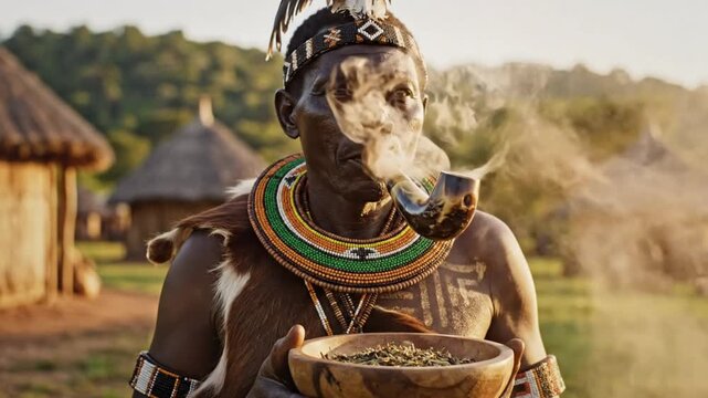 Elderly African man in traditional attire smoking a pipe with a village background in soft daylight