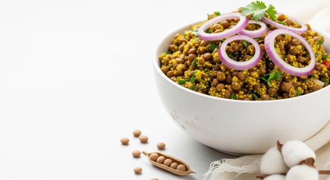 Authentic Azifa Ethiopian Lentil Salad with Mustard Dressing, Clean Negative Space for Recipes, Healthy Vegan Protein in White Bowl