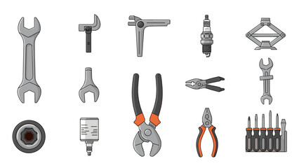Obraz premium A collection of various metal tools and equipment displayed in a grid, vector illustration on a clean and simple background from a straightforward viewpoint