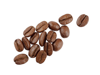 Obraz premium Roasted coffee beans isolated on transparent background, group of arabica coffee seeds