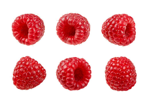 Set of fresh raspberries isolated on transparent background, six organic red berries