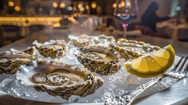 Delicious fresh oysters on ice presented with lemon wedge and fork in fancy restaurant setting