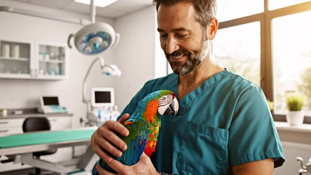 Veterinarian in blue scrubs comforts a colorful parrot during an examination at a veterinary clinic