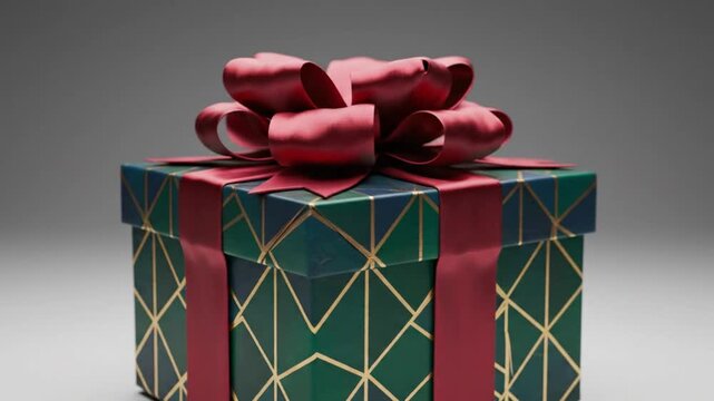 Luxurious holiday gift box with burgundy bow and geometric pattern on a gray background