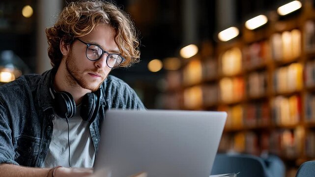 Young Man Focused on Laptop in Library Study Session