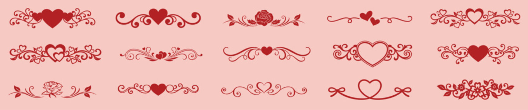 Valentine&rsquo;s Day heart divider and border set, romantic central frame ornaments with hearts and cupid, red and pink symmetrical horizontal headers for greeting cards and invitations