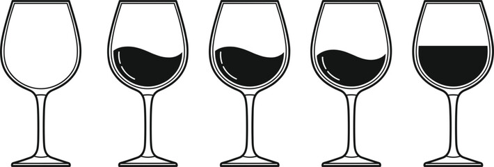 Obraz premium Minimalist black and white wine glass vector icon set featuring empty and filled glasses with liquid waves for winery menus bar branding and tasting events.