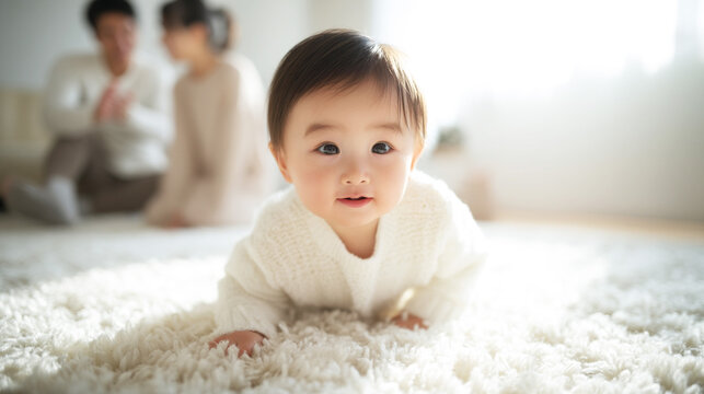 ハイハイして近づいてくる赤ちゃんと後ろで見守る両親
