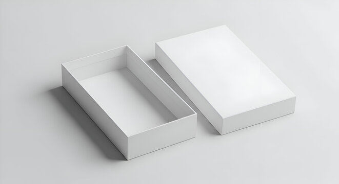 Two white rectangular boxes, one open and one closed, on a light gray background.