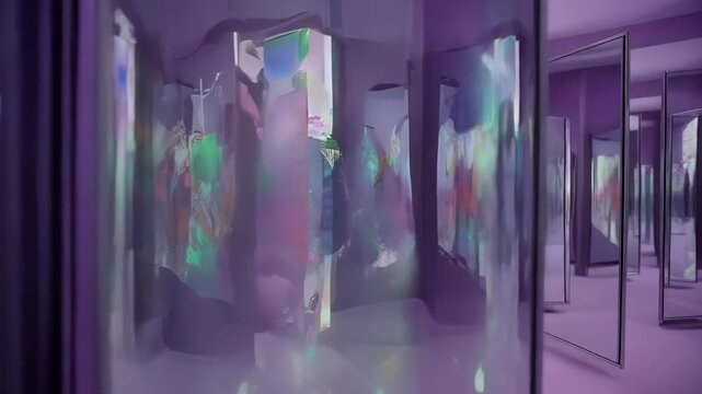 A background of moving distorted mirrors in a soft lavender room, reflecting infinite fragments of light and color, dreamlike.