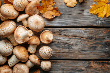 Fototapeta premium Close-up autumn mushrooms spread across wooden table, surrounded by vibrant autumn leaves and copy space. Warmth fall, organic food, culinary creations, and rustic cooking inspiration.