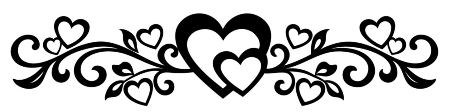 Double Heart Valentine Divider with Ornamental Flourishes, Romantic Symmetrical Center Ornament for Love Cards and Invitations